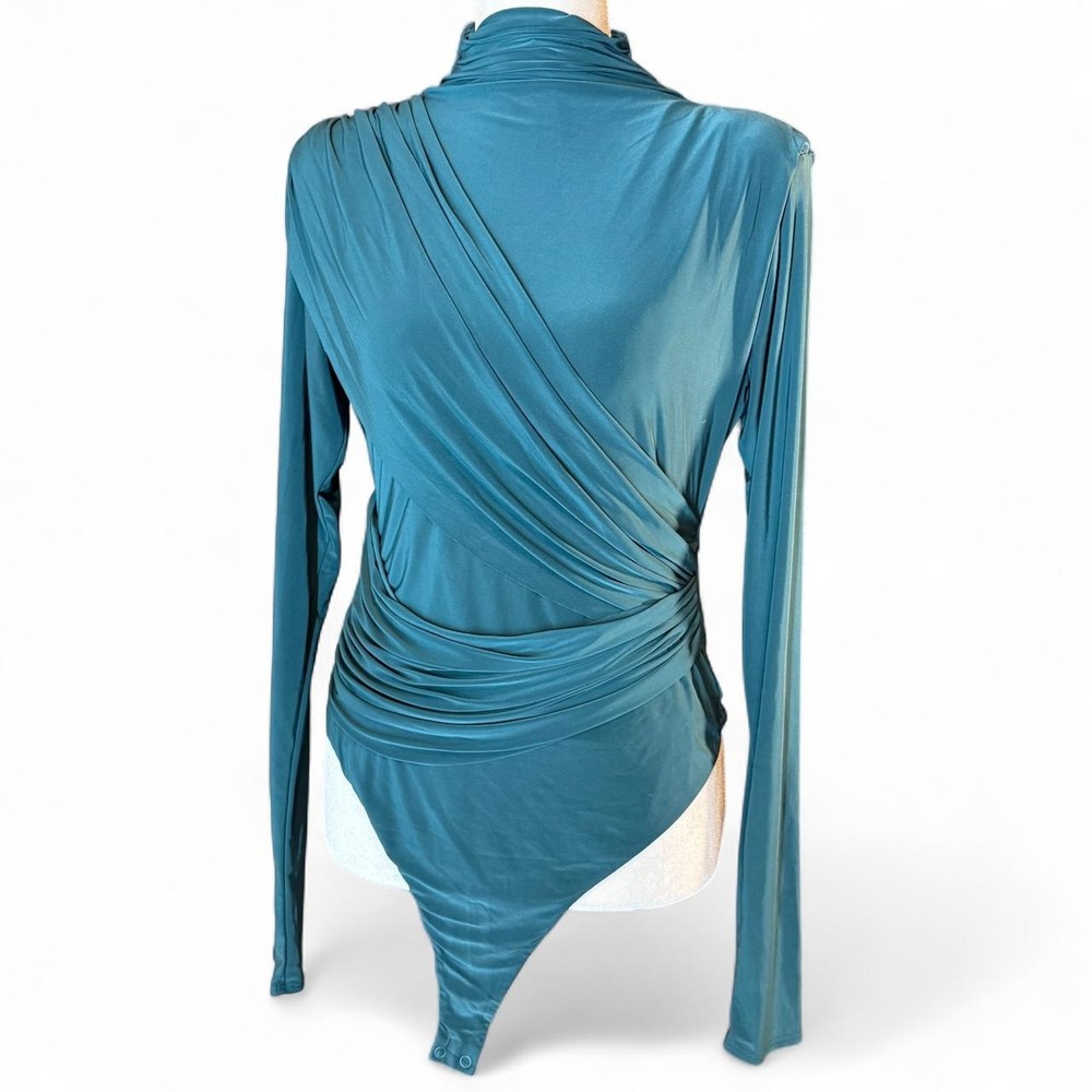 Naked Wardrobe teal draped long-sleeve bodysuit